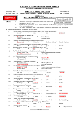 Board of Intermediate Education, Karachi Intermediate Examination, 2016 (Annual)