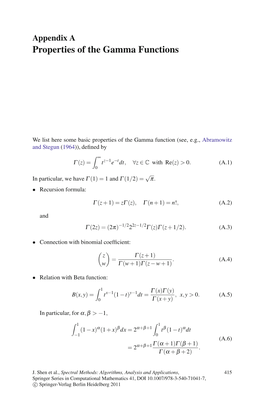 Appendix a Properties of the Gamma Functions
