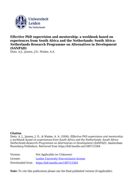 Effective Phd Supervision and Mentorship
