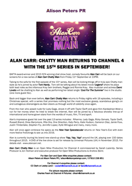 Alan Carr: Chatty Man Returns to Channel 4 with the 15Th Series in September!