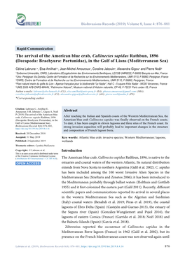 The Arrival of the American Blue Crab, Callinectes Sapidus Rathbun, 1896 (Decapoda: Brachyura: Portunidae), in the Gulf of Lions (Mediterranean Sea)