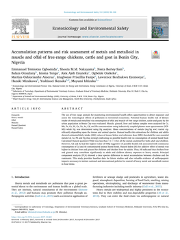 Accumulation Patterns and Risk Assessment of Metals and Metalloid in T Muscle and Oﬀal of Free-Range Chickens, Cattle and Goat in Benin City, Nigeria