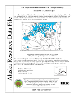 Alaska Resource Data File This Report Is Preliminary and Has Not Been Reviewed for Conformity with U.S