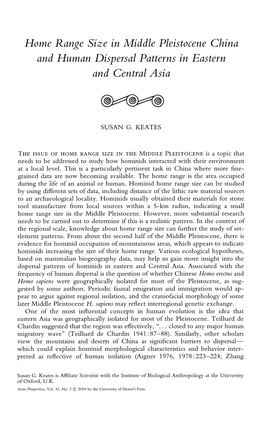 Home Range Size in Middle Pleistocene China and Human Dispersal Patterns in Eastern and Central Asia