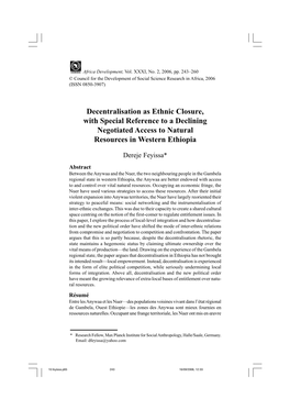 Decentralisation As Ethnic Closure, with Special Reference to a Declining Negotiated Access to Natural Resources in Western Ethiopia