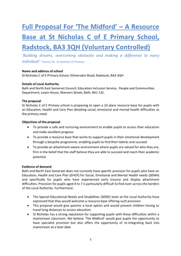 Full Proposal for 'The Midford' – a Resource Base at St Nicholas C of E Primary School, Radstock, BA3 3QH (Voluntary Contr