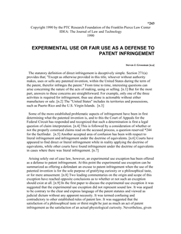 Experimental Use Or Fair Use As a Defense to Patent Infringement