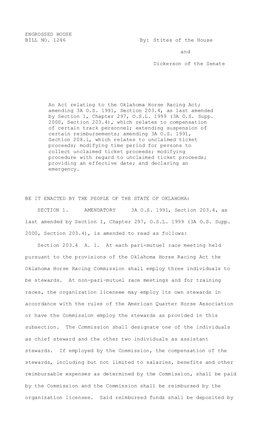 Oklahoma Horse Racing Act; Amending 3A O.S