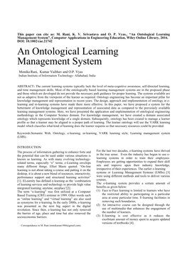 An Ontological Learning Management System”, Computer Applications in Engineering Education, Wiley Online Library, 2016