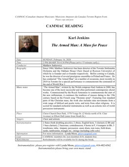 CAMMAC READING Karl Jenkins the Armed Man: a Mass for Peace