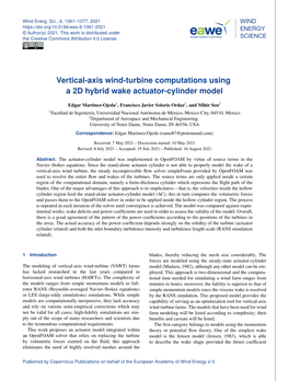 Vertical-Axis Wind-Turbine Computations Using a 2D Hybrid Wake Actuator-Cylinder Model