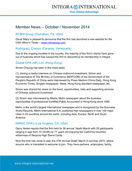 Member News – October / November 2014