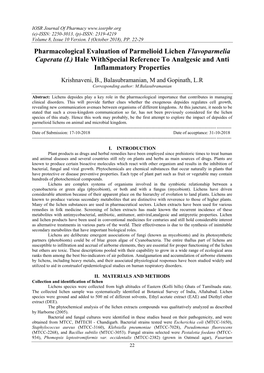 Pharmacological Evaluation of Parmelioid Lichen Flavoparmelia Caperata (L) Hale Withspecial Reference to Analgesic and Anti Inflammatory Properties