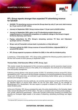 RTL Group Reports Stronger Than Expected TV Advertising Revenue for Q3/2020