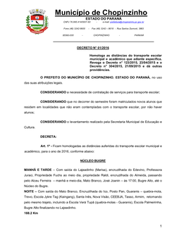 Município De Chopinzinho ESTADO DO PARANÁ CNPJ 76.995.414/0001-60 - E-Mail: Prefeitura@Chopinzinho.Pr.Gov.Br