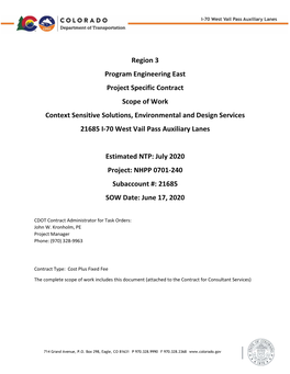 Region 3 PS I-70 West Vail Pass Auxiliary Lanes Design Services