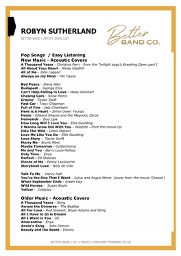 Robyn Sutherland Better Band | Artist Song List