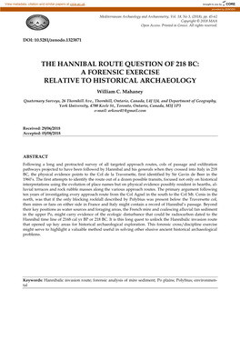 The Hannibal Route Question of 218 Bc: a Forensic Exercise Relative to Historical Archaeology