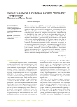 Human Herpesvirus-8 and Kaposi Sarcoma After Kidney Transplantation Mechanisms of Tumor Genesis Eview R Pedram Ahmadpoor