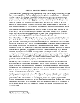 Do We Really Need Indian Corporations in Banking?1 the Reserve Bank of India (RBI) Recently Released a Report of an Internal