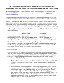 Sen. Sessions Belatedly Supplements His Senate Judiciary Questionnaire— but Dozens of Items Still Missing and Records for Two Decades Still Largely Absent