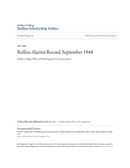 Rollins Alumni Record, September 1948 Rollins College Office Ofa M Rketing and Communications