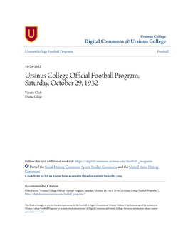 Ursinus College Official Football Program, Saturday, October 29, 1932 Varsity Club Ursinus College