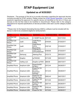 STAP Equipment List Updated As of 9/25/2021