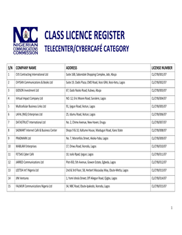 Class Licence Register Telecenter/Cybercafé Category