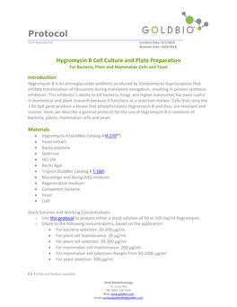 Hygromycin B Cell Culture and Plate Preparation Protocol TD-P Date: 10/4/2018