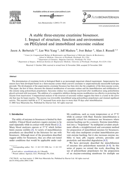 A Stable Three-Enzyme Creatinine Biosensor. 1. Impact of Structure, Function and Environment on Pegylated and Immobilized Sarcosine Oxidase