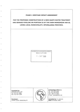 Phase 1 Heritage Impact Assessment for the Proposed Waste Water Treatment and Sewage Pipeline at Morgenzon 1 Archaeology Africa