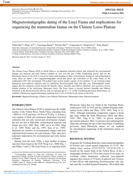 Magnetostratigraphic Dating of the Linyi Fauna and Implications for Sequencing the Mammalian Faunas on the Chinese Loess Plateau