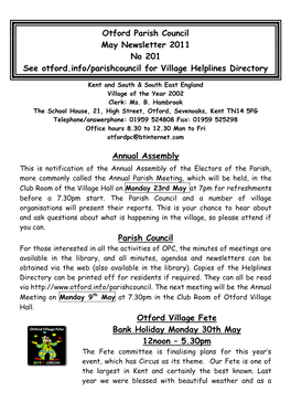 Otford Parish Council May Newsletter 2011 No 201 See Otford.Info/Parishcouncil for Village Helplines Directory