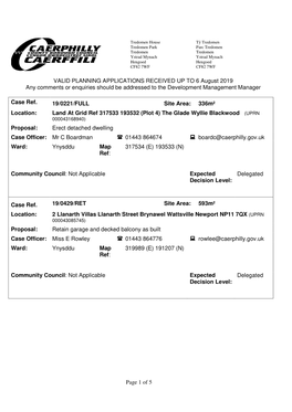 Page 1 of 5 VALID PLANNING APPLICATIONS RECEIVED up to 6 August 2019 Any Comments Or Enquiries Should Be Addressed to the Develo