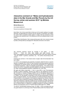 Interactive Comment on “Meteo and Hydrodynamic Data in the Mar Grande and Mar Piccolo by the LIC Survey, Winter and Summer 2015” by Michele Mossa Et Al