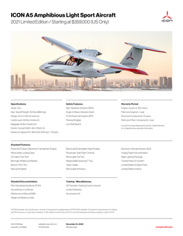 ICON A5 Amphibious Light Sport Aircraft 2021 Limited Edition / Starting at $359,000 (US Only)