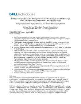 Dell Technologies Concludes Strategic Review and Reaches Agreement to Exchange Class V Tracking Stock for Equity Or Cash Election Option