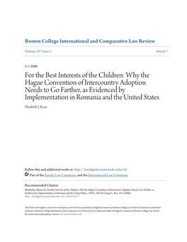 For the Best Interests of the Children: Why the Hague Convention Of