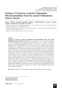 Ecology of Sceloporus Gadsdeni (Squamata: Phrynosomatidae) from the Central Chihuahuan Desert, Mexico