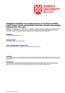 Postglacial Vegetation and Climate Dynamics in the Seymour-Belize Inlet Complex, Central Coastal British Columbia, Canada: Palynological Evidence from Tiny Lake