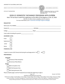 2020-21 DOMESTIC EXCHANGE PROGRAM APPLICATION Note: the Last Day to Submit This Application to the Office of the Registrar Is Feb