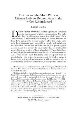 Cicero's Debt to Demosthenes in the Verrines Reconsidered