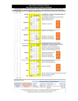 2021-2022 Official School Calendar