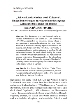 Einige Bemerkungen Zur Deutschlandbezogenen Gelegenheitsdichtung Ion Barbus Ioana CRĂCIUN-FISCHER Prof