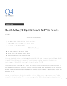 Church & Dwight Reports Q4 and Full Year Results