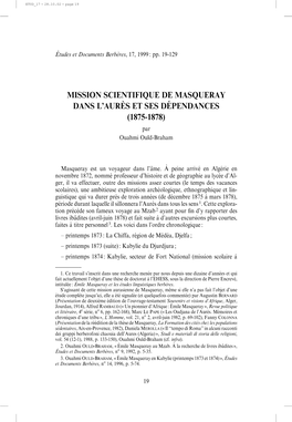 Mission Scientifique De Masqueray Dans L'aure`S Et Ses De´Pendances (1875-1878)
