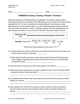 NUMB3RS Activity: Creating “Random” Numbers