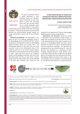 A New Range Record of Comostola Hauensteini Smetacek, 2004 (Lepidoptera: Geometridae: Geometrinae) from Bhutan