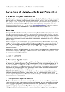 Australian Sangha Association, Definition of Charity Submission 1